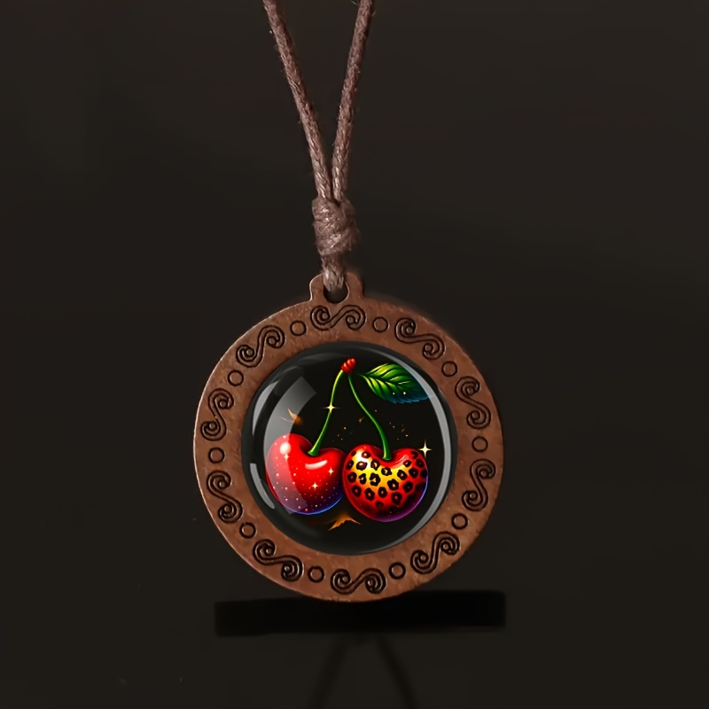 Wood Leopard Print Cherry Necklace, Minimalist Retro Pendant